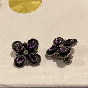 Vintage YZ Sterling Silver and Purple Floral Earrings Clip On